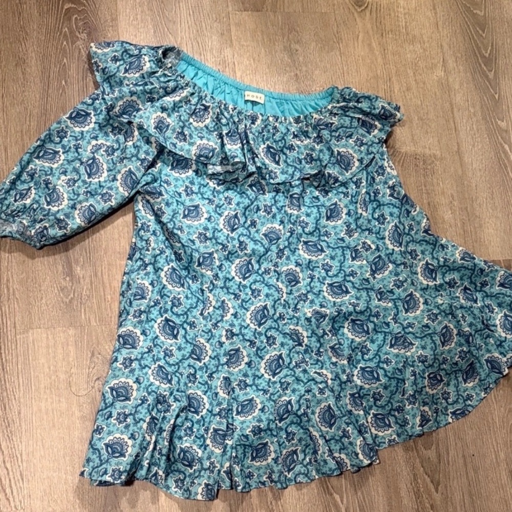 Rhode Blue Floral Ruffle One Shoulder Dress large